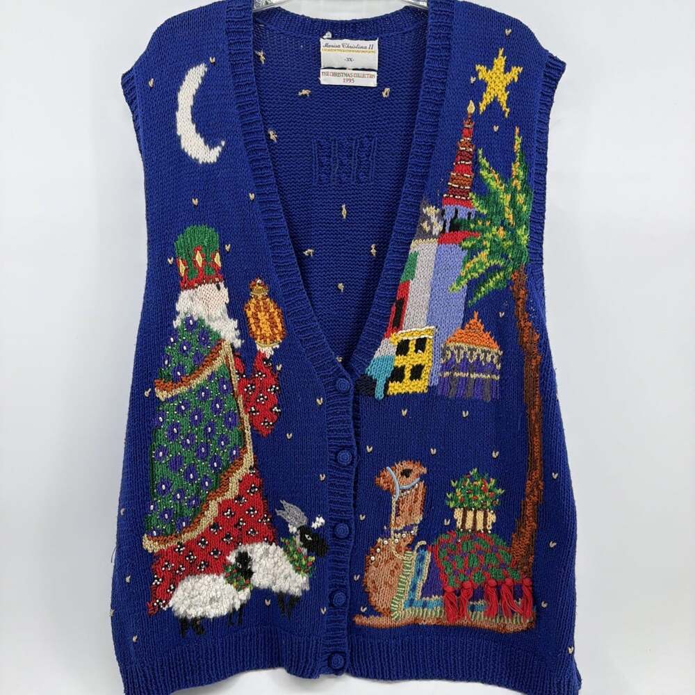 VTG Marisa Christina Christmas Sweater Vest Wise Men Embroidered Womens 3XL Blue